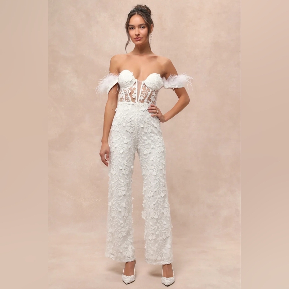 Lulus Midnight Sparkle White Mesh Embroidered Feather Bustier Jumpsuit XL Bridal - Picture 2 of 9